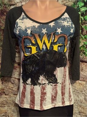 Girls With Guns Graphic Raglan Tee with American Flag and Bear - Black/White
